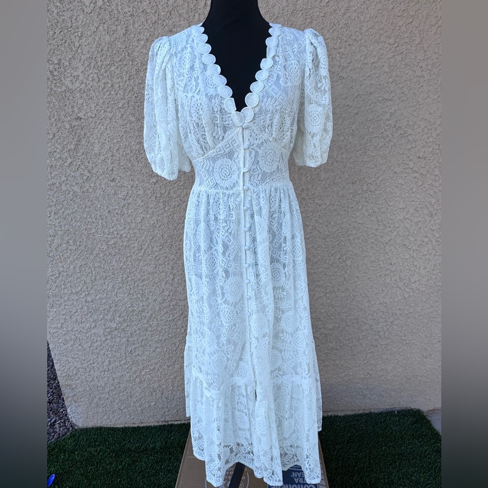 Blu Pepper White Lace Maxi Dress Short Sleeve NWT Women’s Size L Bohemian - Picture 2 of 16